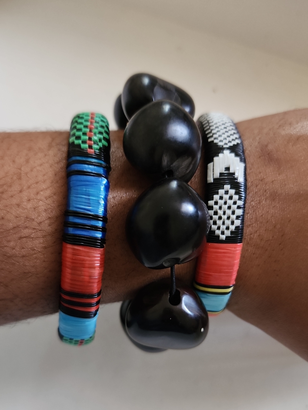 3 Piece African Inspired Bracelet Set Wood Beaded Wrapped Bangles